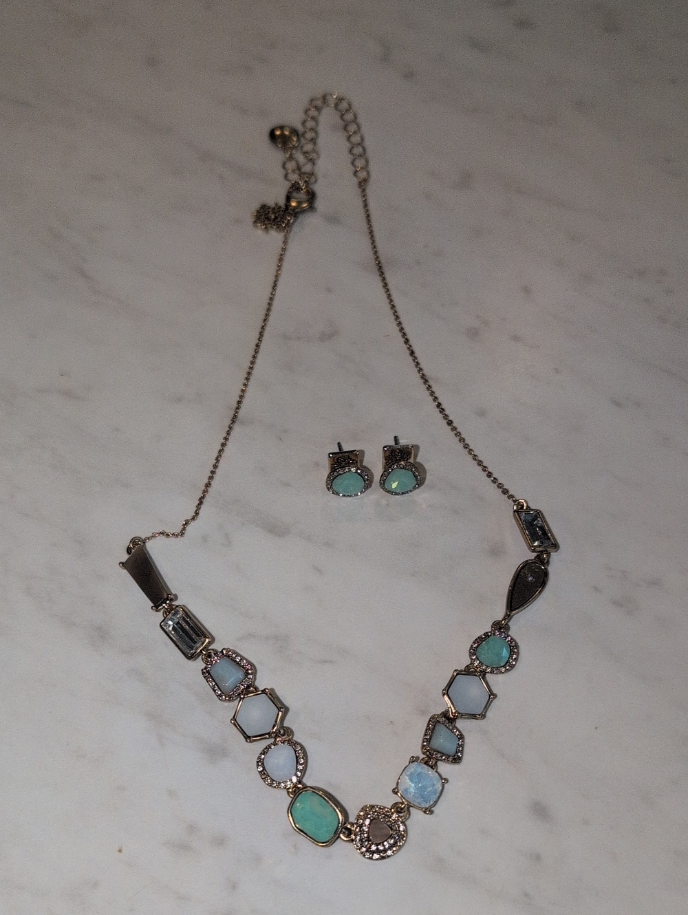 Gold-Tone Mint Green Stone Necklace and Earring Set